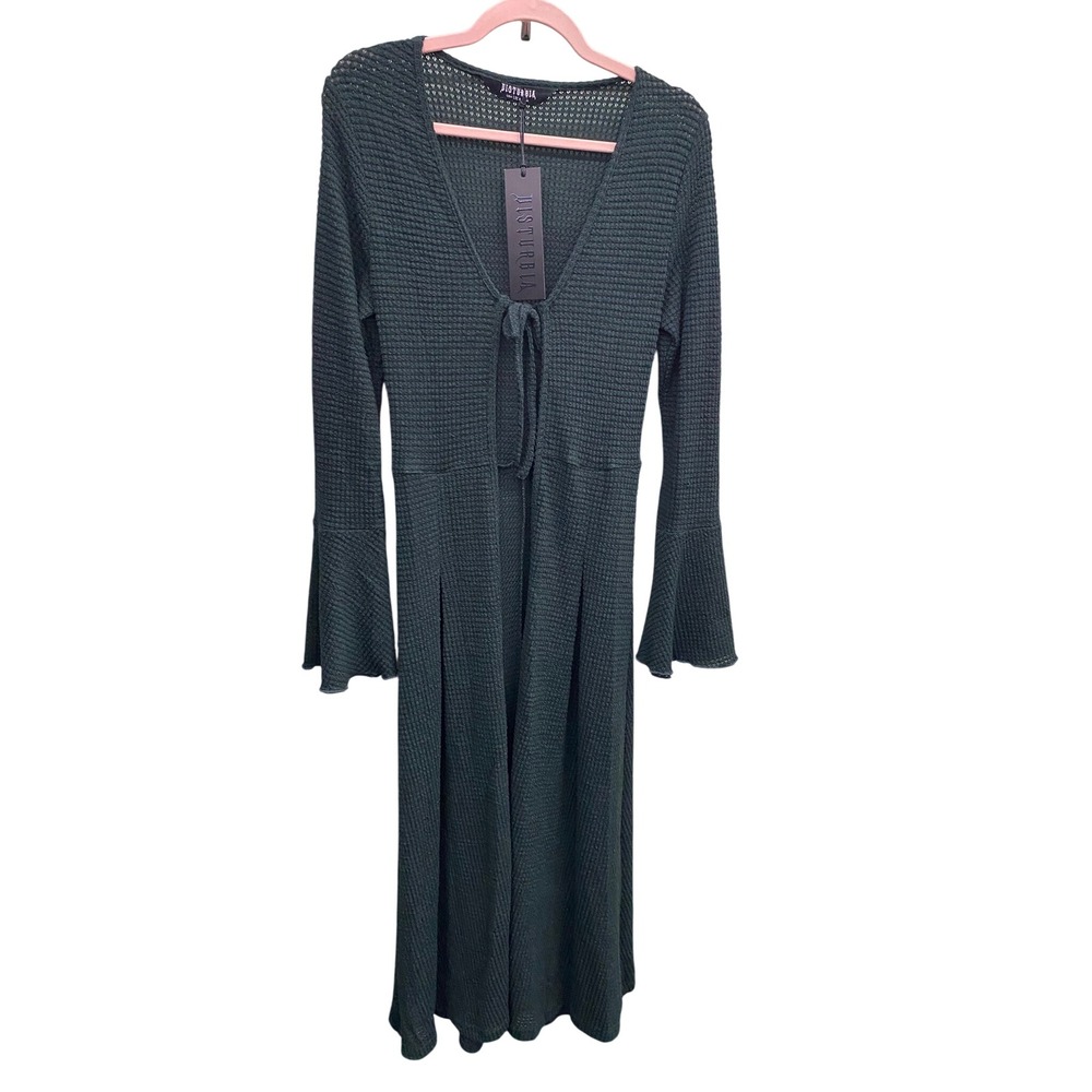 Disturbia Xana Textured Tie Front Long Cardigan Green Gothic Witchy US 4 duster